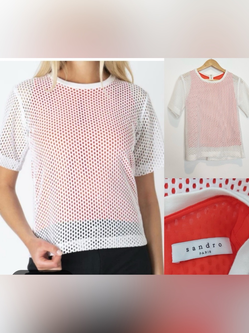 Sandro White Mesh Short-Sleeve Tee with Coral Lining